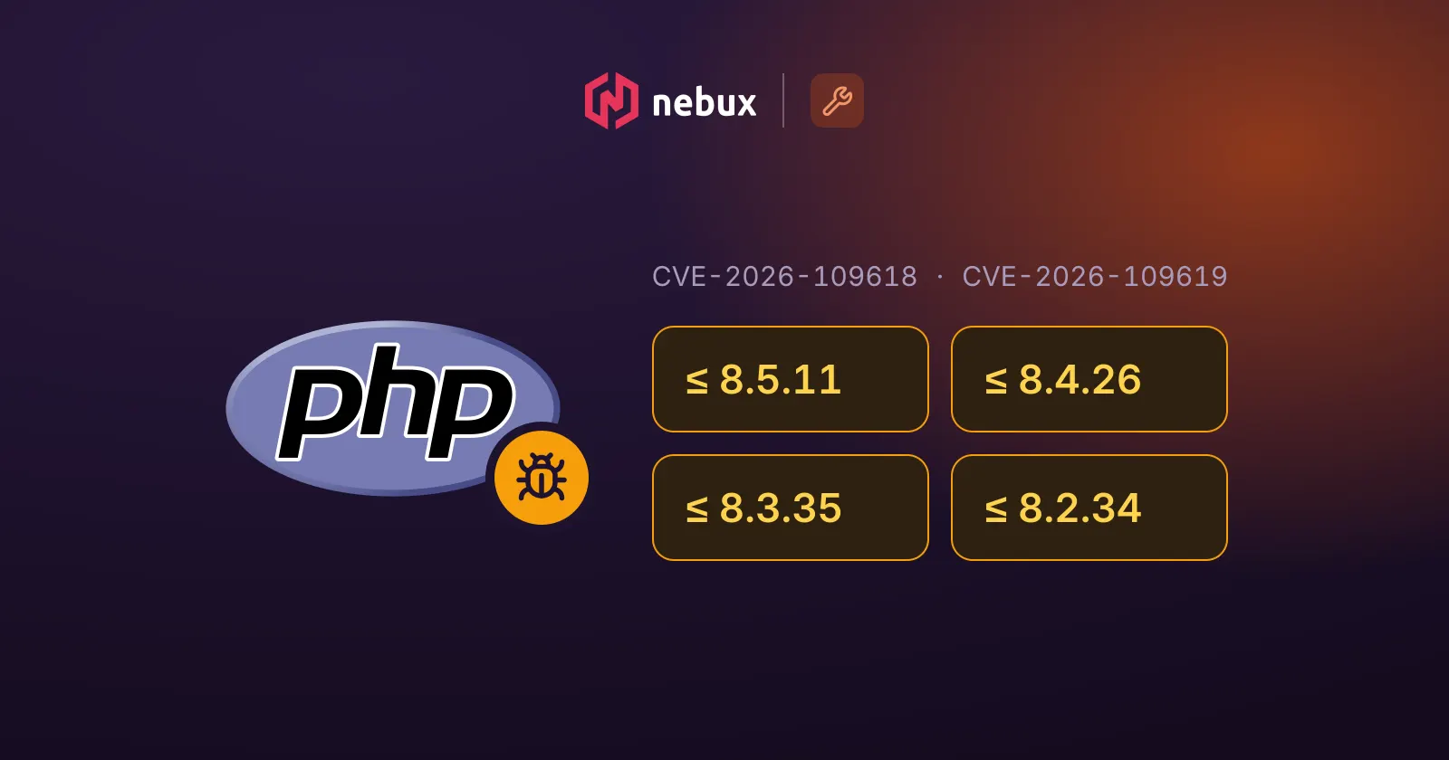 Logo de PHP amb la icona d'un error, els identificadors CVE-2026-109618 i CVE-2026-109619 i les versions afectades: 8.5.11, 8.4.26, 8.3.35, 8.2.34 o anteriors.